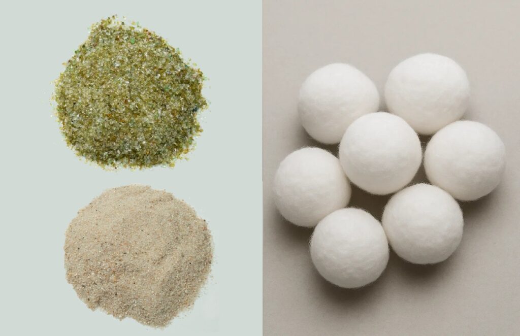 Comparativa de medios filtrantes: arena de sílice, vidrio filtrante verdoso y marrón, y bolas filtrantes para piscinas