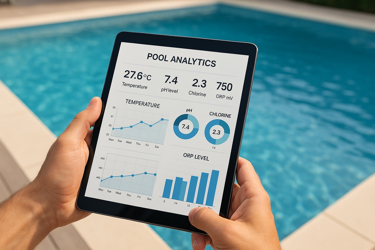 Control digital del agua de una piscina con tablet que muestra datos de mantenimiento y calidad del agua