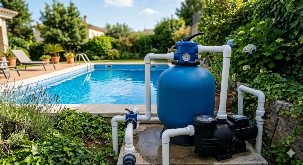 Depuradora de piscina con filtro de arena conectada al sistema de filtración con piscina azul al fondo